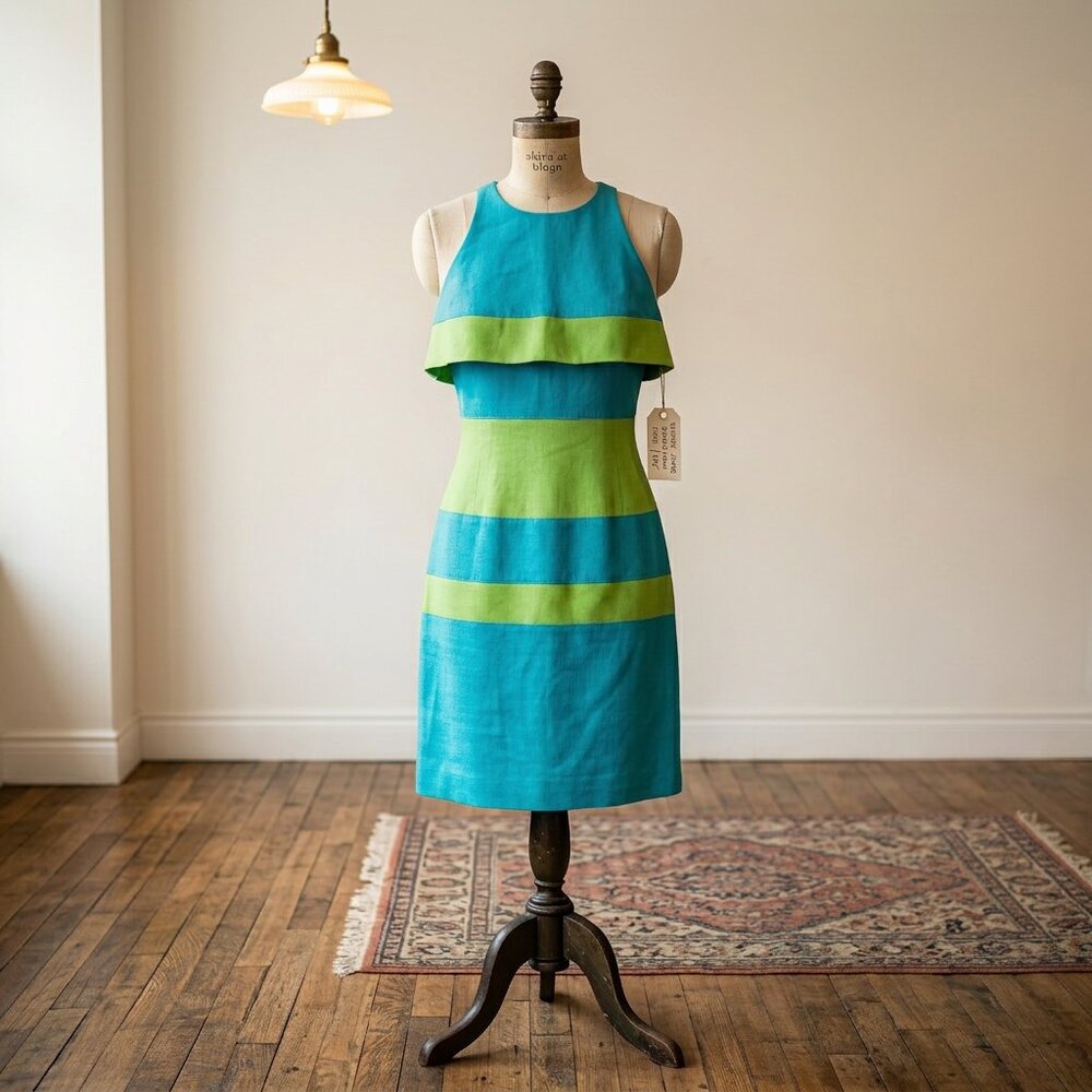 Vintage Nipon Boutique Rayon Dress Lime Green Turquoise Size Small Retro 80s